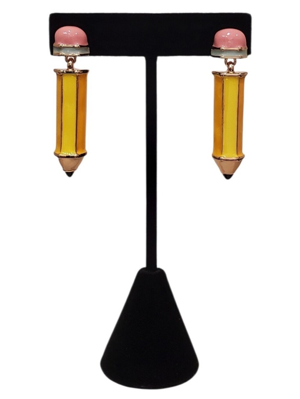 Estate Gold-Tone Back-to-School Yellow & Pink Enamel 3D Pencil Dangle Earrings